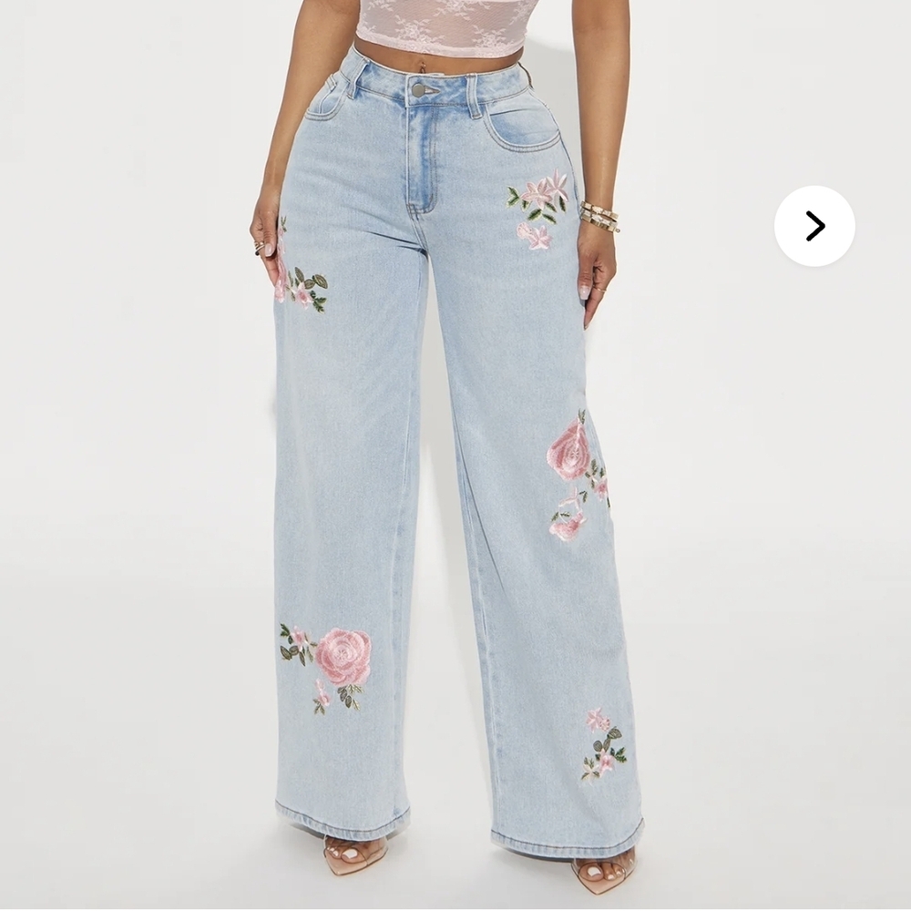 Light Blue Wide Leg Jeans with Pink Floral Embroidery